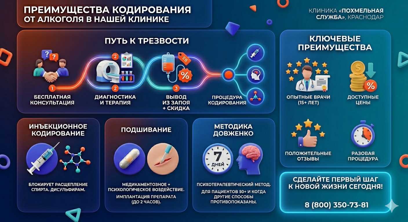 Инфографика о методах кодирования от алкоголя в Благовещенск: инъекции, подшивание, метод Довженко. Преимущества клиники и этапы лечения.